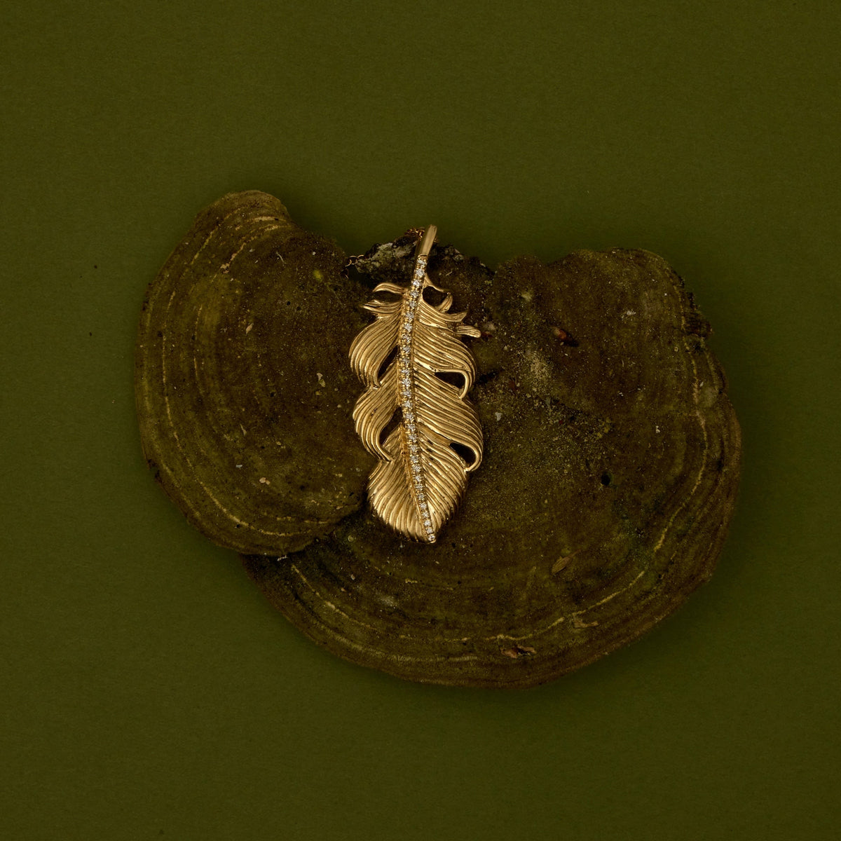 A gold-toned leaf-shaped pendant or charm resting on a dark brown clam shell, set against a solid dark olive green background.