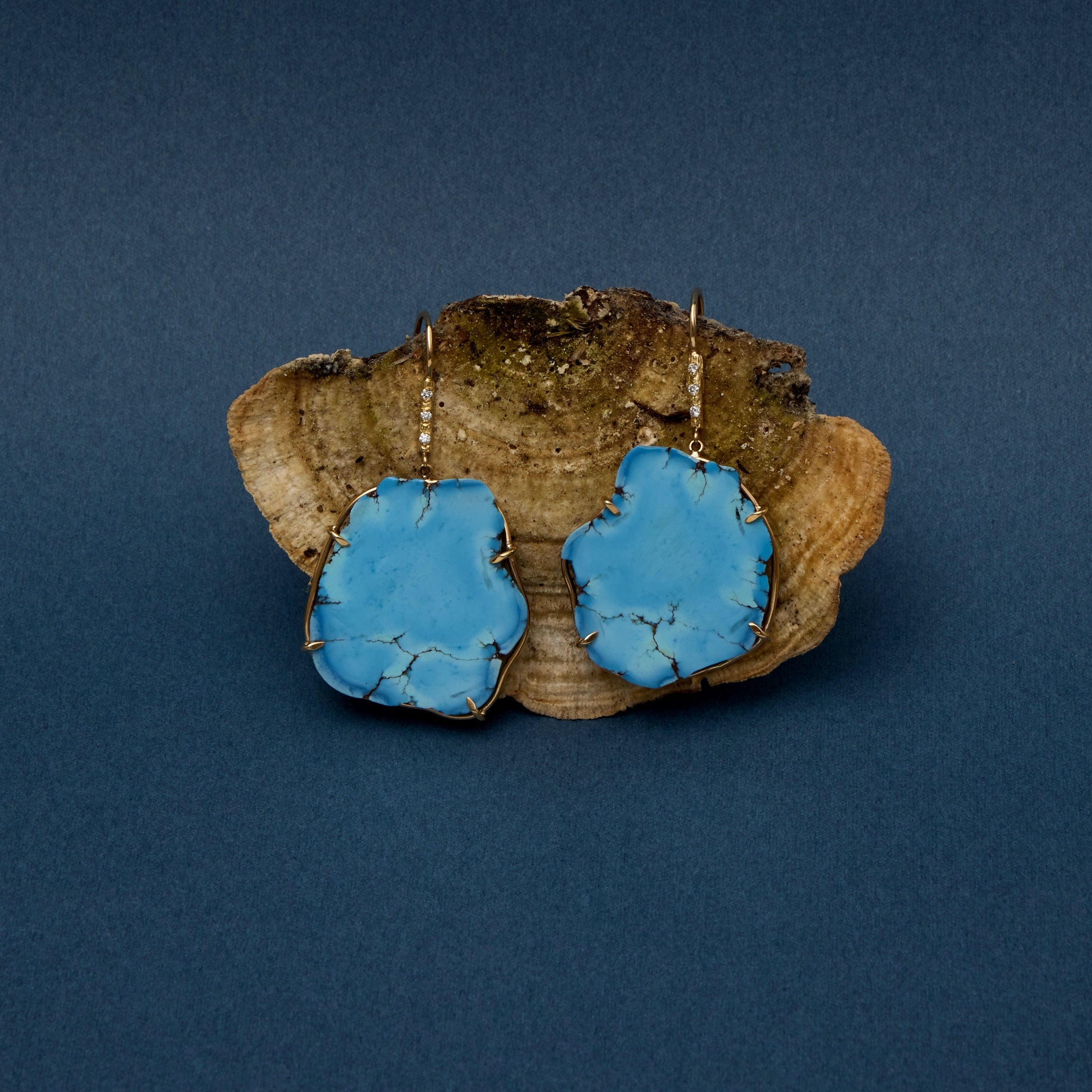 Turquoise Earrings against wood