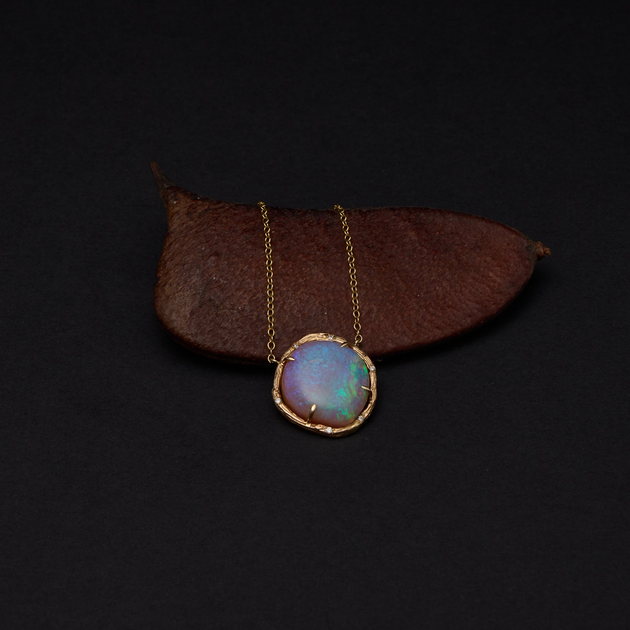A gold pendant necklace with a round, iridescent opal-like stone resting on a dark brown leaf against a solid black background.