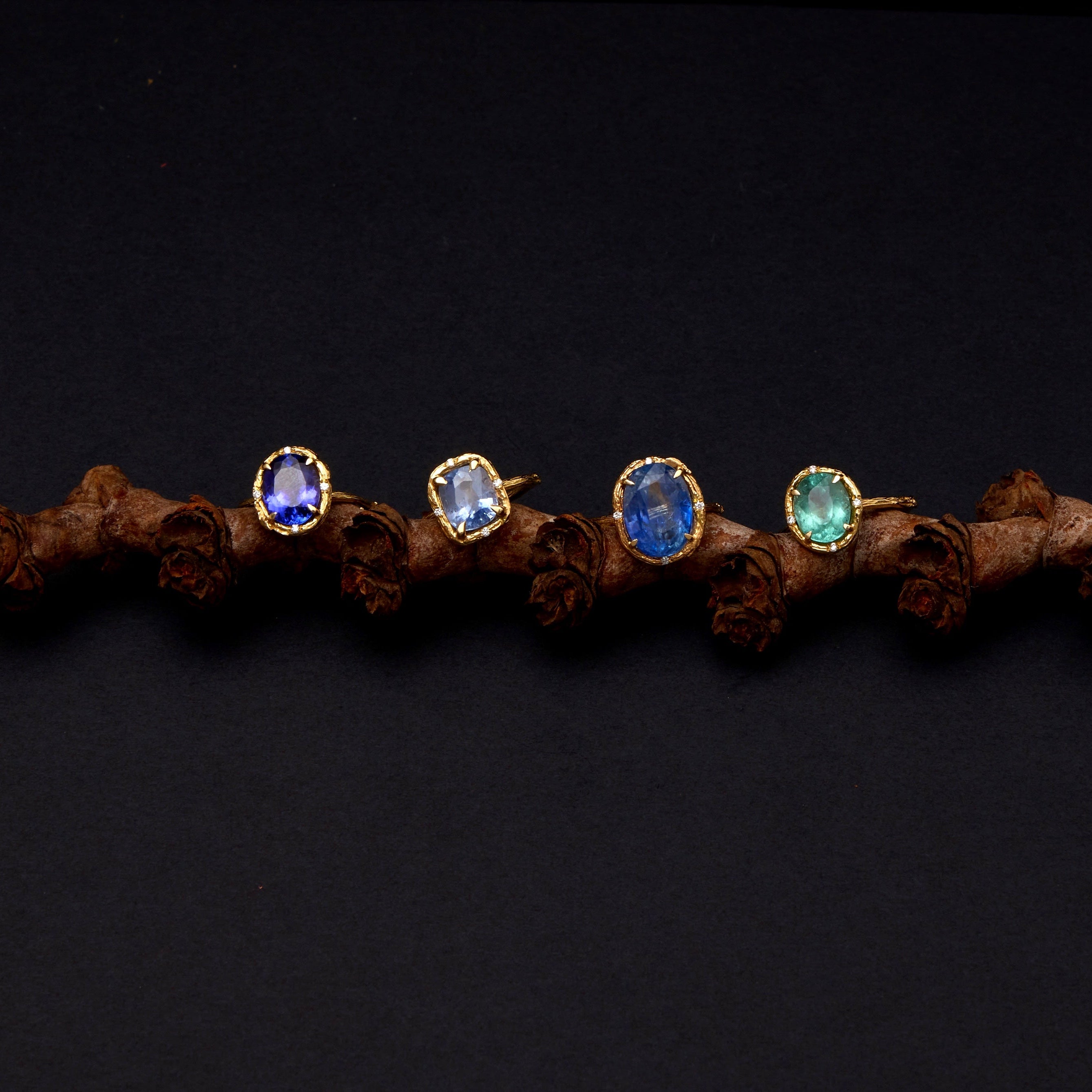Four gold rings with round-cut blue and green gemstones displayed on a decorative brown twig branch against a solid black background.