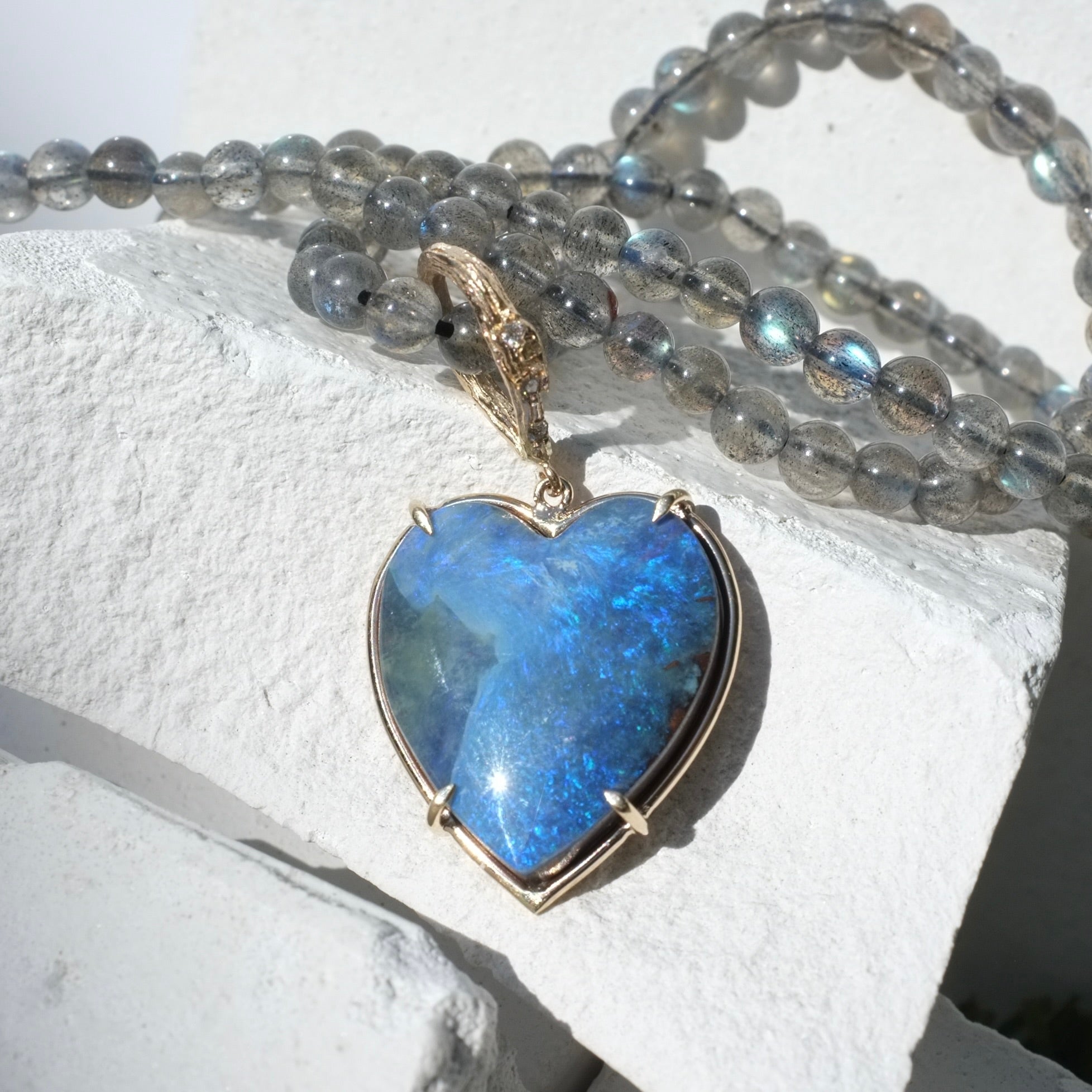 Labradorite Beaded Opal Heart Necklace