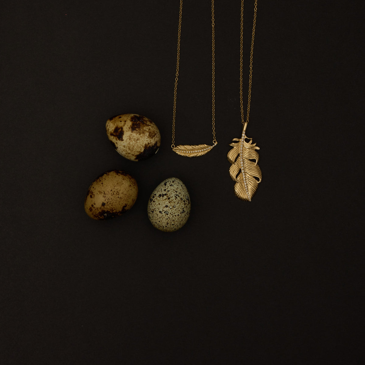 gold necklaces on dark background with eggs