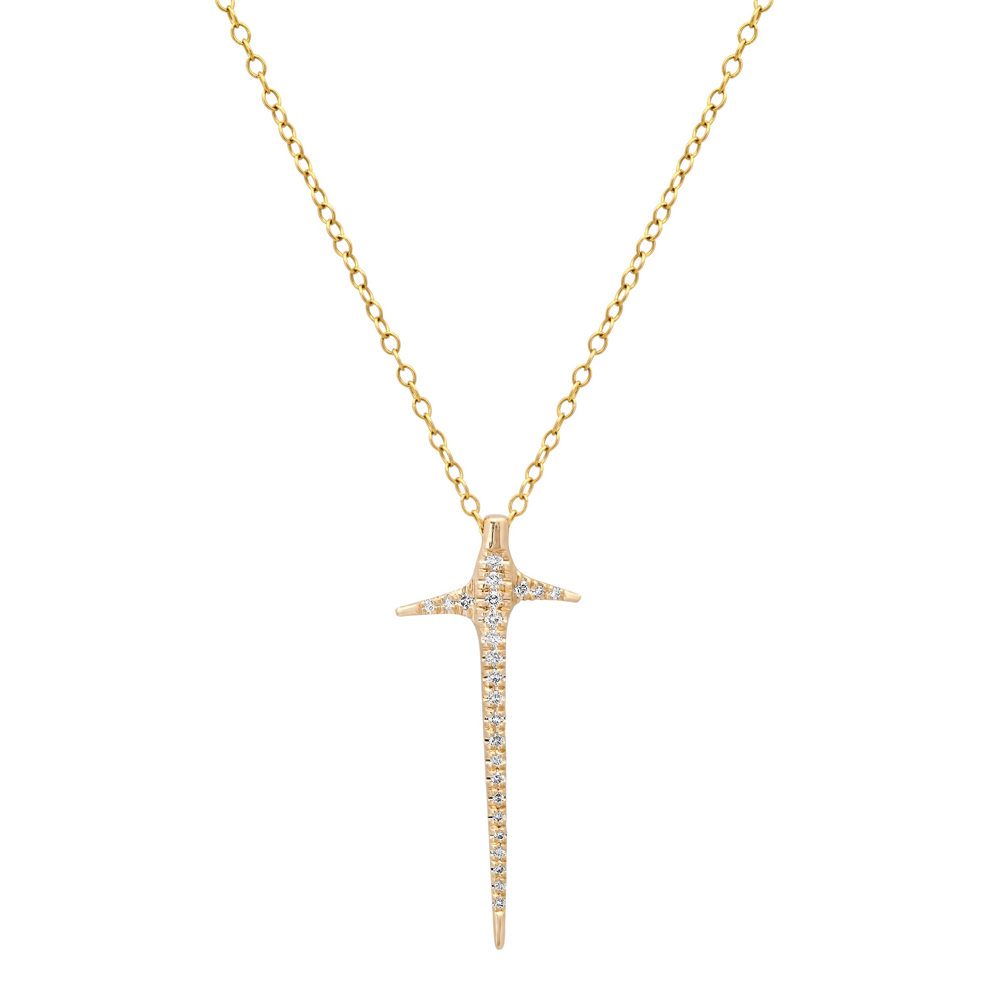 Gold cross necklace with diamonds on a white background