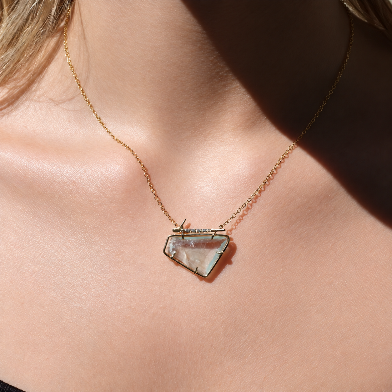 Aquamarine Horizontal Pavé Thorn Necklace photographed on model