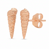 A pair of rose gold cone-shaped stud earrings with a textured, woven pattern, shown on a clean white background with one earring facing forward and the other showing the post and butterfly backing.