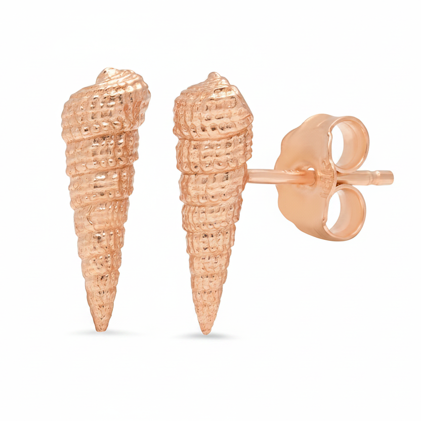 A pair of rose gold cone-shaped stud earrings with a textured, woven pattern, shown on a clean white background with one earring facing forward and the other showing the post and butterfly backing.