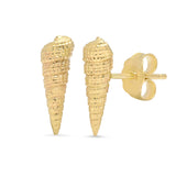 A pair of gold spiral shell stud earrings, one shown from the front and the other from the side with a butterfly back, on a plain white background.