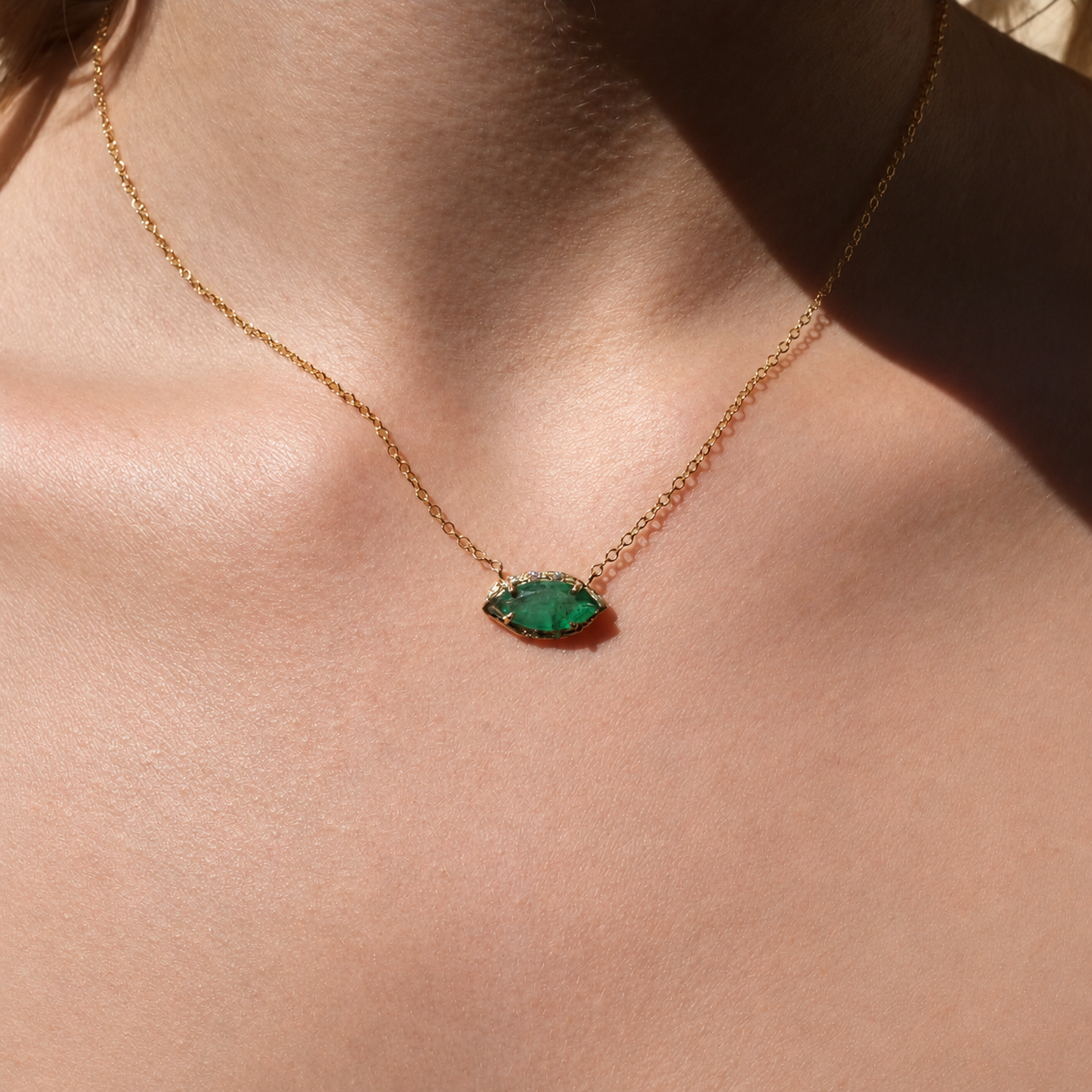 Brazilian Marquise Emerald Willow Necklace photographed on a model