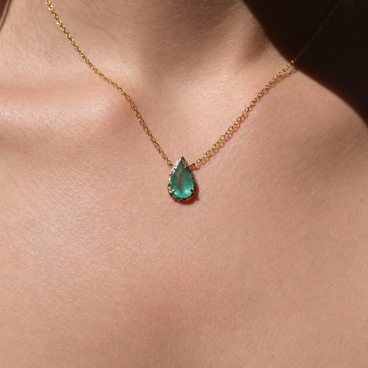 Brazilian Pear Emerald Willow Necklace photographed on a model