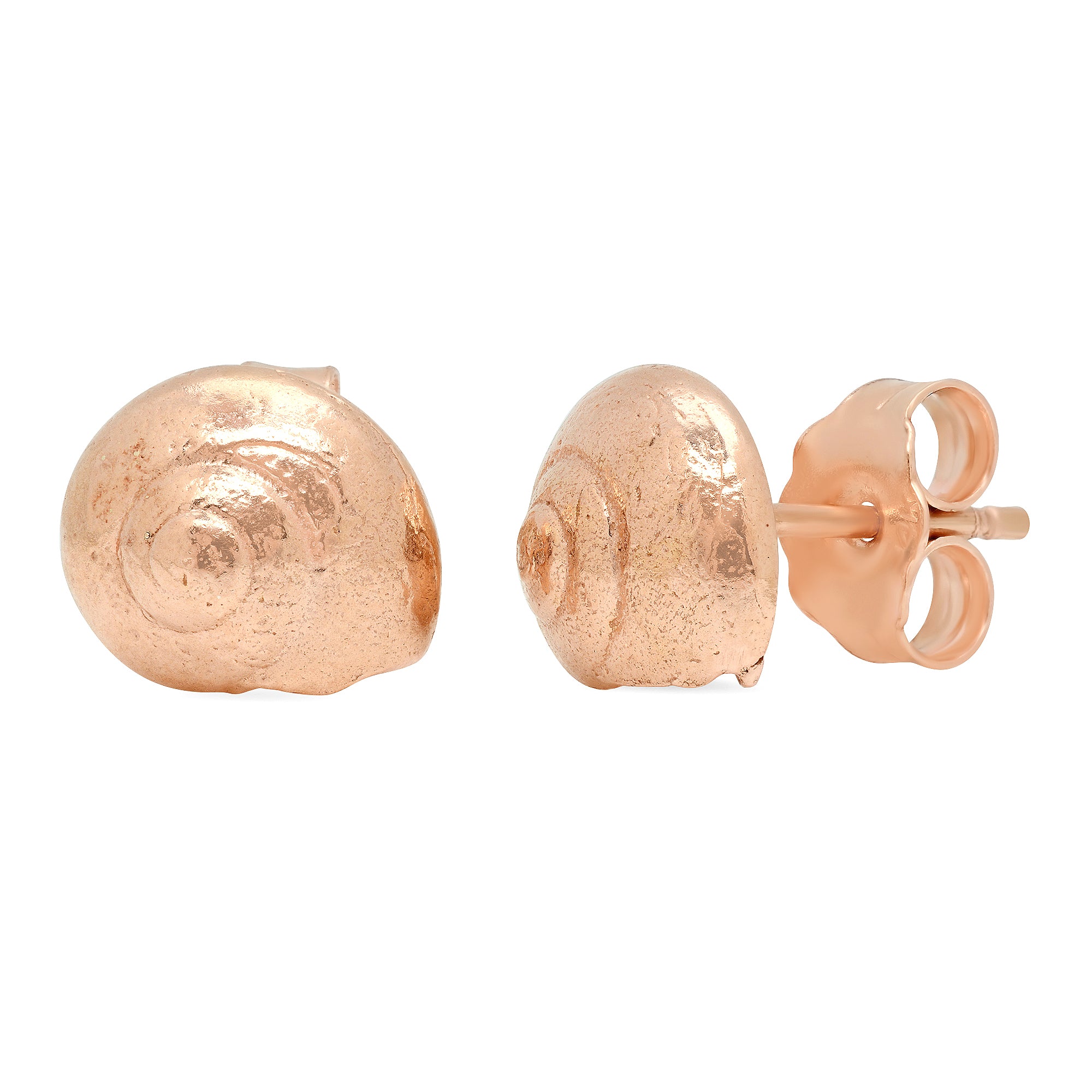 A pair of rose gold stud earrings shaped like spiral seashells, shown from the front and side profile on a plain white background.
