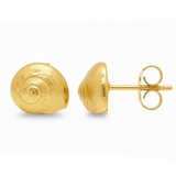 A pair of gold stud earrings shaped like spiral seashells, with one earring facing forward to show the textured shell surface and the other showing the side profile and butterfly back, set against a plain white background.