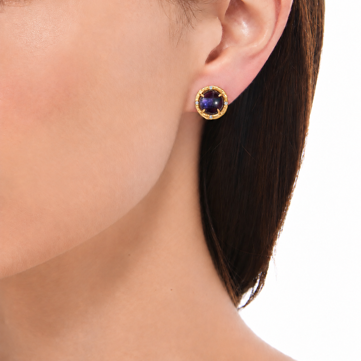Iolite Pavé Round Stud Earrings photographed on a model