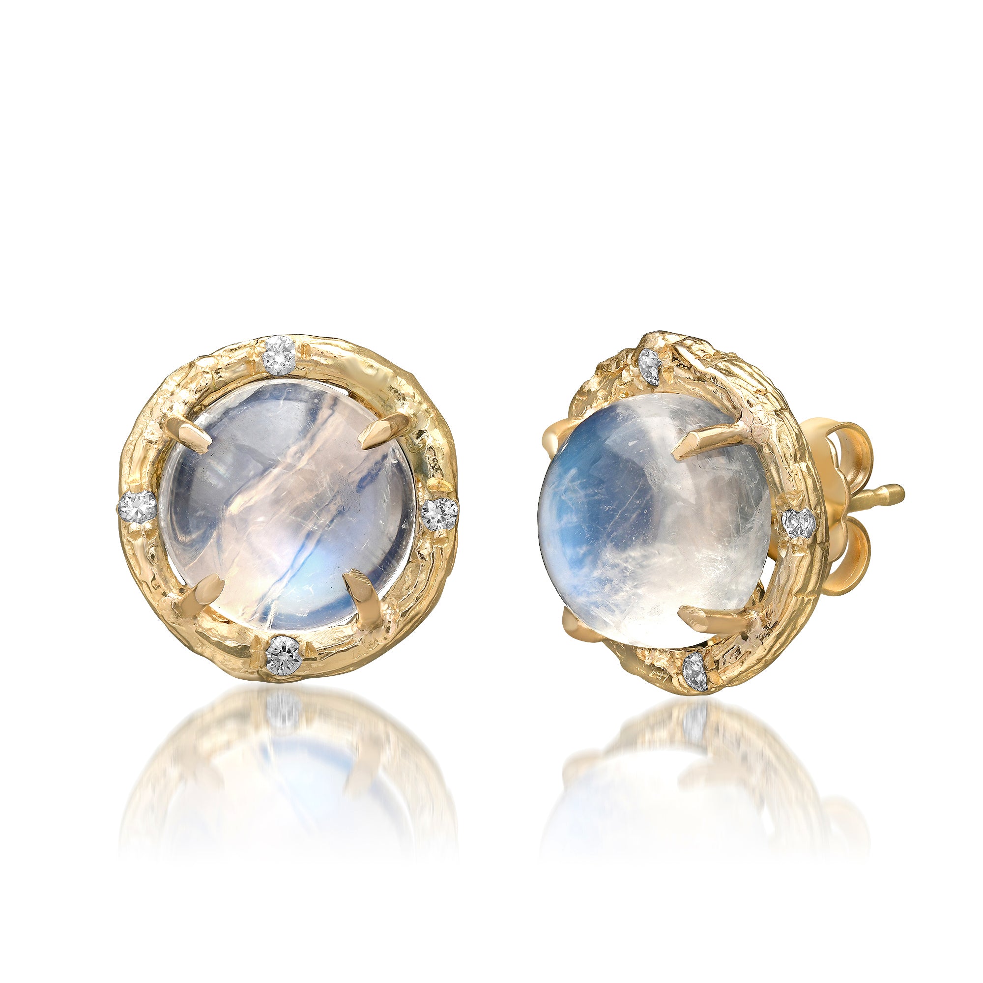 Moonstone willow branch diamond earrings handcrafted in 14k yellow gold by Elisabeth Bell Jewelry.