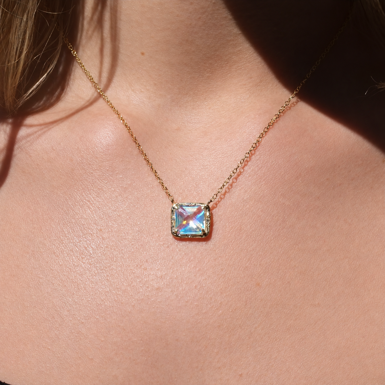 Moonstone Willow Necklace photographed on a model