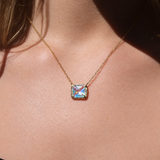 Moonstone Willow Necklace photographed on a model