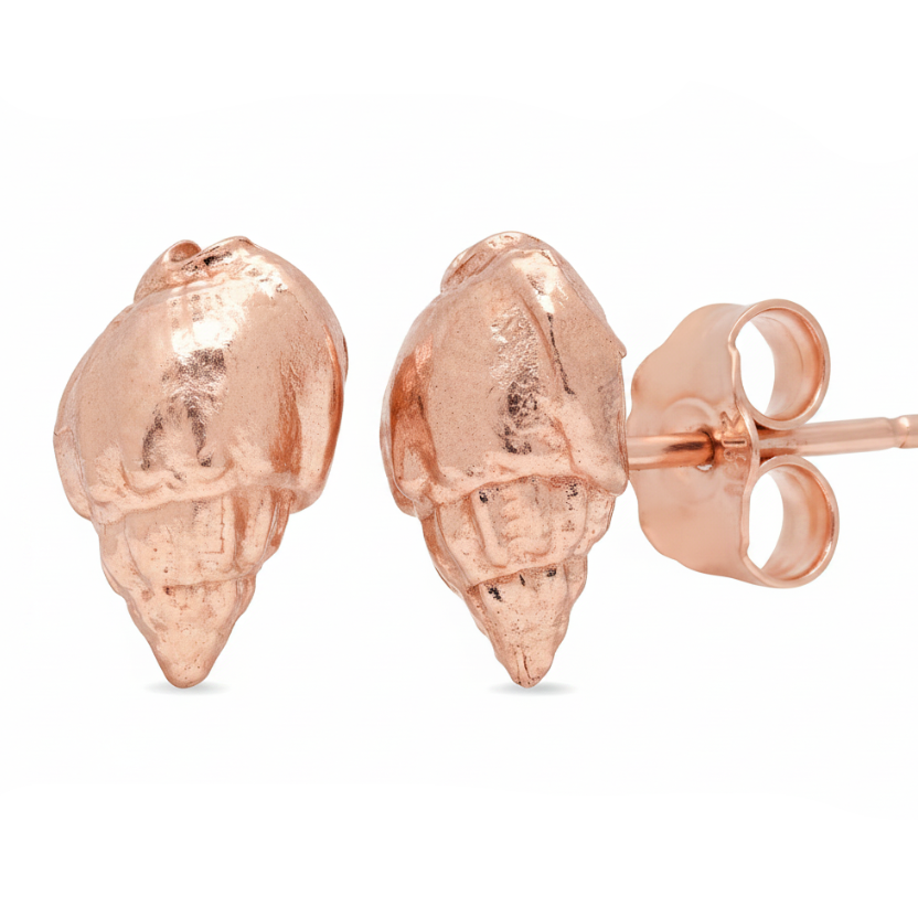 Rose gold conch shell stud earrings shown from the front and side on a white background.