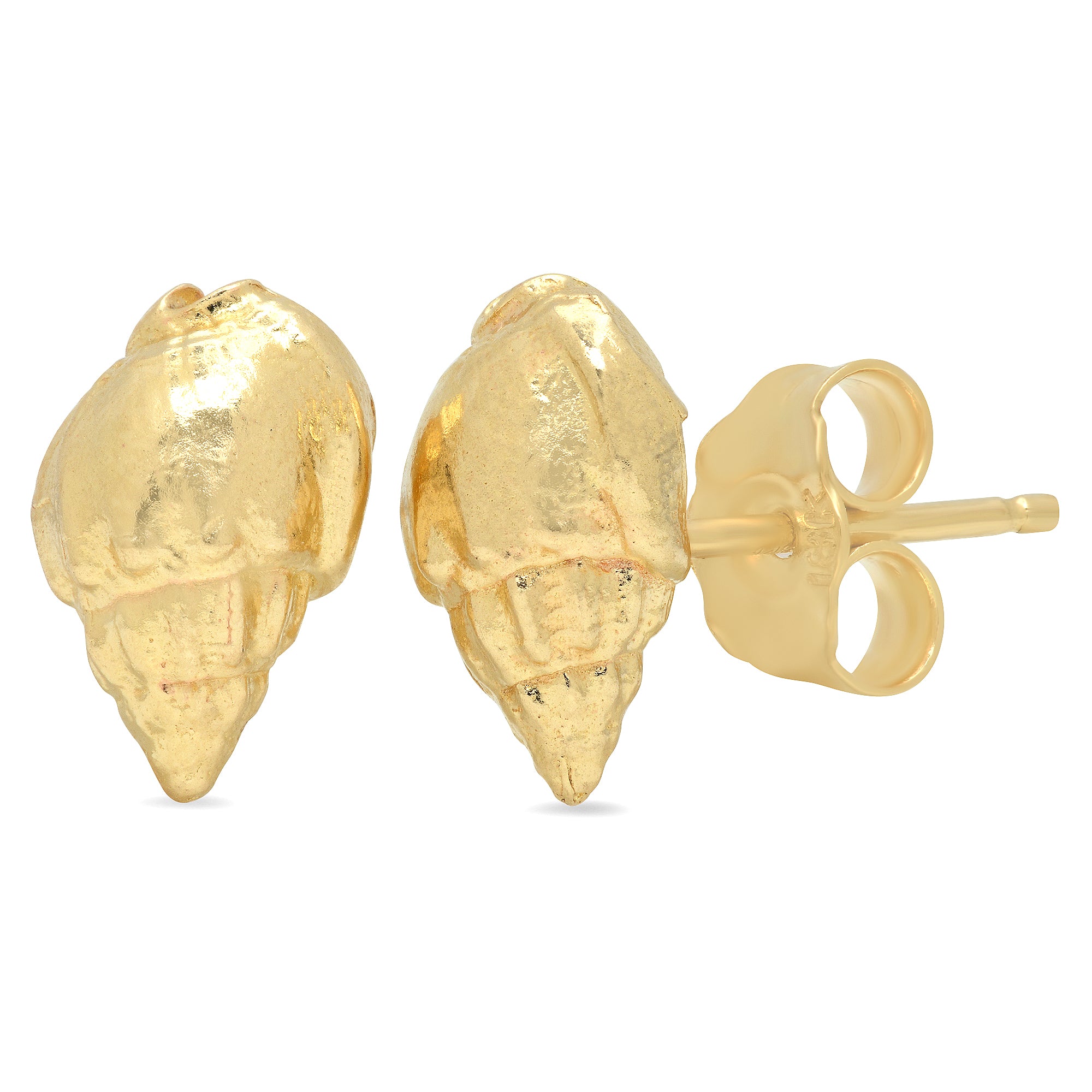 A pair of gold stud earrings shaped like seashells, with one earring shown from the front and the other from the side/back to display the butterfly clutch back, on a plain white background.