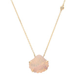 A delicate gold chain necklace featuring a scalloped, iridescent pink shell pendant with small gold prongs and a tiny clear stone accent near the clasp, shown on a plain white background.