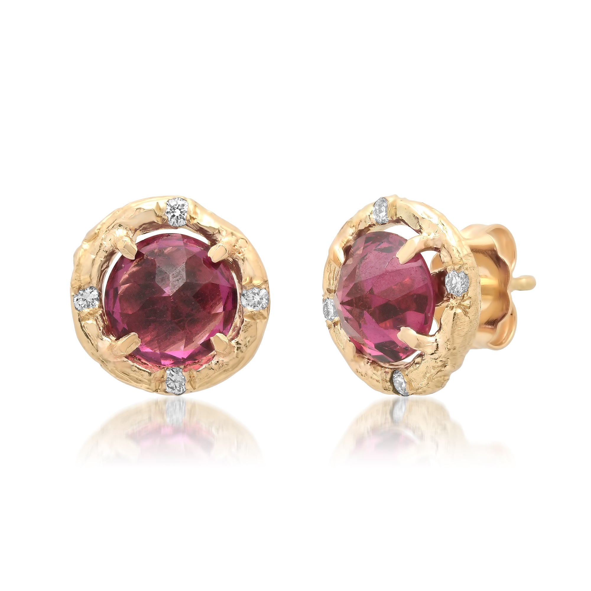 Rhodolite garnet willow branch diamond earrings handcrafted in 14k yellow gold by Elisabeth Bell Jewelry.