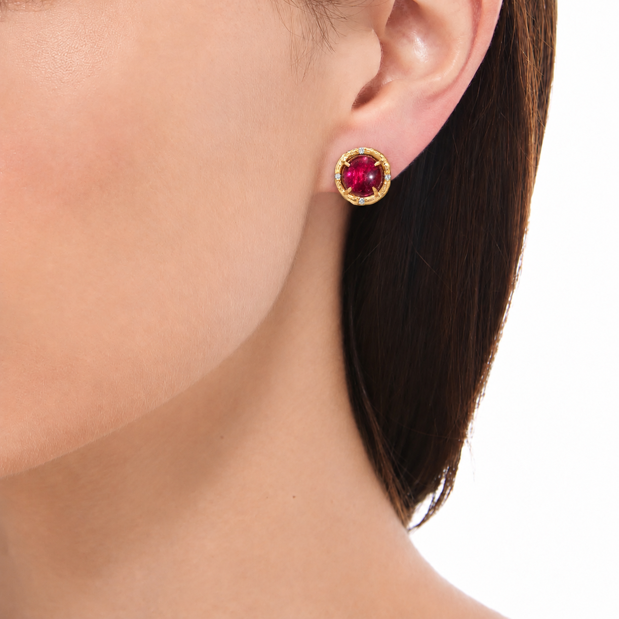 Rubelite Pavé Round Stud Earrings photographed on model